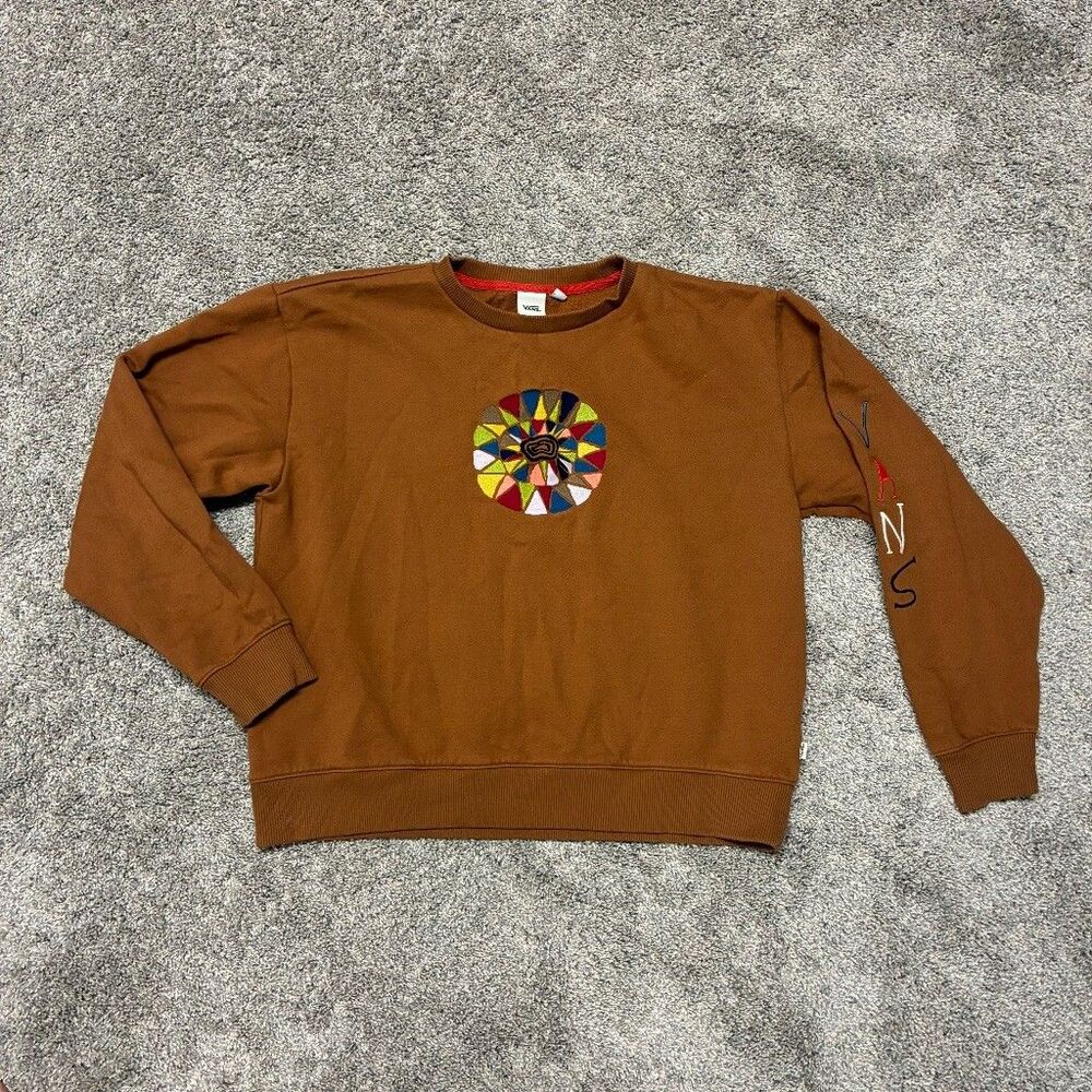 Vans Embroidered Crewneck Sweatshirt Brown Multicolor Graphic Sz M Skater Indie